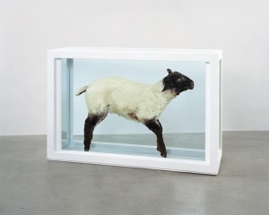 Damien Hirst - Away from the Flock, 1994, glass, painted steel, silicone, acrylic, plastic, lamb and formaldehyde solution
