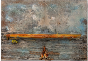 Anselm Kiefer - Arche (german) Ark (english), 2011, emulsion, shellac, pottery, salt, cardboard, lead boat