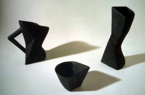 Andrew Lord - Jug, Vase, and Dish/Round to Angles/Grey, 1984-85, glazed earthenware, three pieces