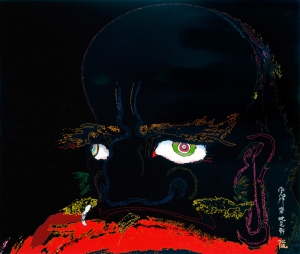 Takashi Murakami - My arms and legs rot off and though my blood rushes forth, the tranquility of my heart shall be prized above all. (Red blood, black blood, blood that is not blood), 2007, acrylic and platinum leaf on canvas mounted on board, signage in platinum and gold leaf