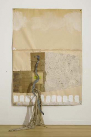 Robert Rauschenberg - Scripture II, 1974, acrylic, sand, graphite and collage on fabric laminated paper with grommets