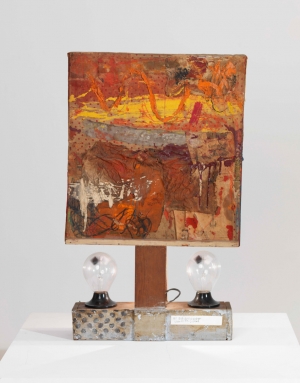 Robert Rauschenberg - Untitled, ca. 1954, combine: oil, fabric, newspaper, and charcoal collage with light bulb and two Crookes radiometers on wood structure