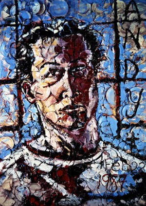 Julian Schnabel - Self-Portrait in Andy&#039;s Shadow, 1987, oil, plates and Bondo on two wood panels