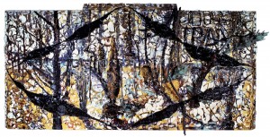 Julian Schnabel - The Walk Home, 1985, oil, plates, copper, bronze, fiberglass and Bondo on six wood panels