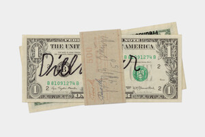 Joseph Beuys - Dollarnoten (Dollar Bills), 1978, two banknotes, one inscribed by Beuys, the other printed with text by Klaus Staeck
