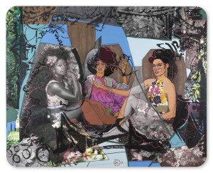 Mickalene Thomas - Le Déjeuner sur l&#039;herbe les Trois Femmes Noires d&#039;aprés Picasso, 2022, rhinestones and acrylic paint on canvas mounted on wood panel