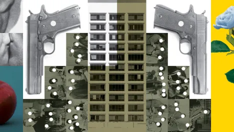 Photo of John Baldessari's artwork, Buildings=Guns=People: Desire, Knowledge, and Hope (with Smog), 1985