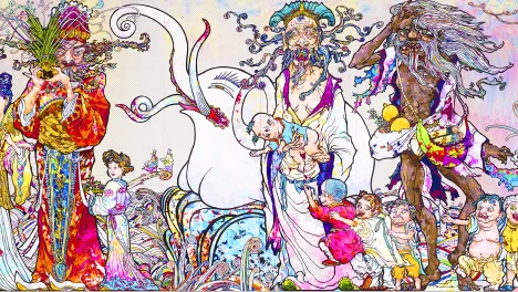 Colorful figures make up a detail of Takashi Murakami, In the Land of the Dead, Stepping on the Tail of a Rainbow