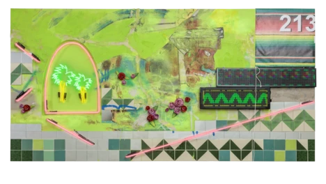 Patrick Martinez. Weeping Warrior, 2022. Stucco, neon, mean streak, ceramic, acrylic paint, spray paint, latex house paint, banner tarp, rope, stucco patch, ceramic tile, tile adhesive, engraved mirror and LED signs on panel. The Broad Art Foundation, © Patrick Martinez   