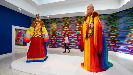 Jeffrey Gibson: the space in which to place me Venice Bienalle installation shots with two human figure sculptures