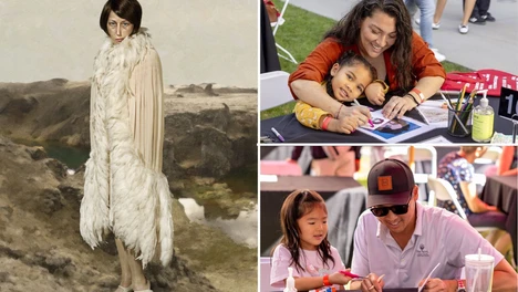 collage of cindy sherman artwork and two photos of families at previous family weekend workshops