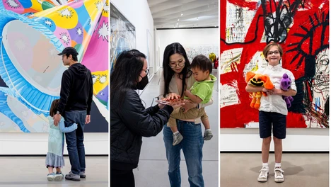 Collage of visitors engaging with artwork and sensory touch objects
