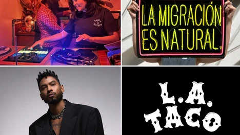 Four photos: L.A. Taco logo; DJ Set by Marvelouz in a dark red-lit room; Miguel headshot; a person holding a poster with Patrick Martinez's artwork "La Migracion es Natural"