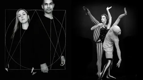 collaged image of two people standing side-by-side and two performers in motion