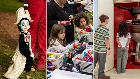 Three photo collage: One image is a Bob Baker Marionette puppet, the second image is a woman and two young children picking out their art supplies at a Family Weekend Workshop, the third is two young people looking at Robert Therrien's pots and pans sculpture