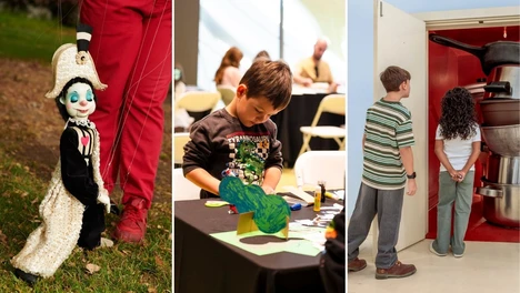 Three photo collage: One image is a Bob Baker Marionette puppet, middle image is a child participating in a past Family Weekend Workshop, the third is two young people looking at Robert Therrien's pots and pans sculpture