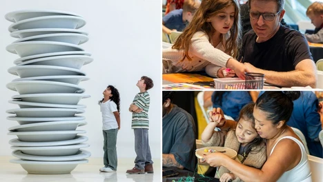 Collage of three photos: One is a photo of Robert Therrien sculpture of an oversized stack of plates with two children standing next to it, and the other two photos are of families participating in past family weekend workshops