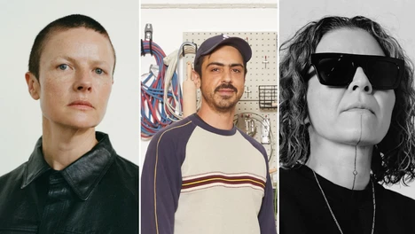 Three side-by-side portraits of event panelists, featuring individuals photographed in varied styles, including color and black-and-white.