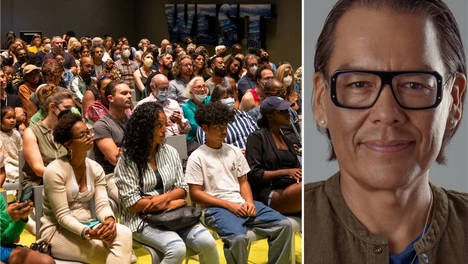 Two photo collage: on the left is a crowd inside Oculus Hall watching a program; on the right is Bird Runningwater wearing black glasses and a green overcoat