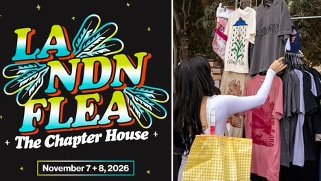 LA NDN Flea logo with a photo of a person browsing clothing at a past event.