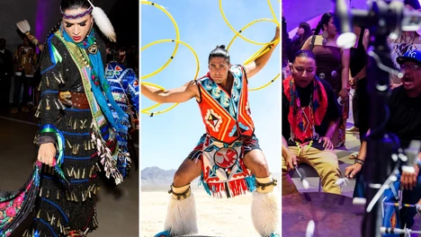 collage of jingle dress dancer, hoop dancer, drummers