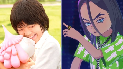 Stills from Jellyfish Eyes and Billie Eillish's music video for "you can see me in a crown." The film still from Jellyfish eyes features a young girl, smiling, holding a plushy; the other still is an animated version of Billie Eilish wearing a green shirt