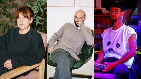 Three seated individuals shown side-by-side: left, a person in a black sweatshirt outdoors; center, a person in a gray sweater indoors, resting their hand near their face; right, a person in glasses and a white graphic T-shirt seated in a dimly lit room.