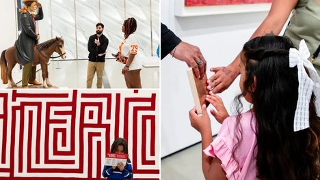 Three-photo collage of people enjoying different aspects of Sensory Morning: a visitor engaging with a museum team member about artwork; a child touching a sensory object; and another child filling out a scavenger hunt