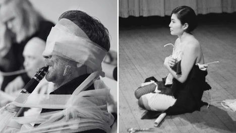 Collage of two photos: One is a shot from Sky Piece to Jesus Christ, where a man is playing a clarinet while wrapped in gauze, and then an archival photo of Yoko Ono performing Cut Piece