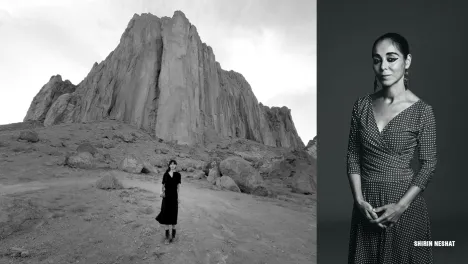 Photo of artist Shirin Neshat and video still from her video, Land of Dreams