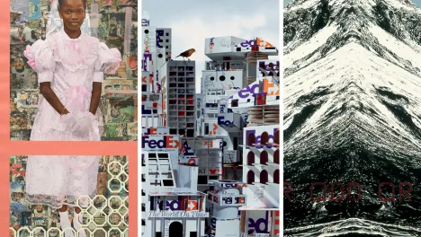 Collage of works by Njideka Akunyili Crosby, Doug Aitken, and Ed Ruscha
