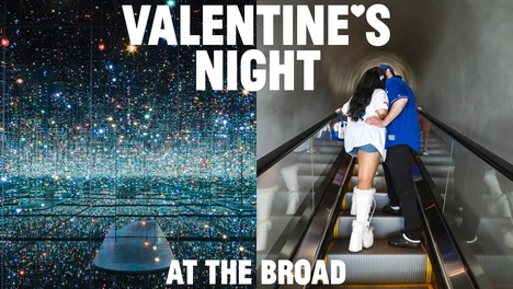 Left side: Photo of Yayoi Kusama's Infinity Mirrored Room. Right side: Photo of couple kissing on the escalator at The Broad.