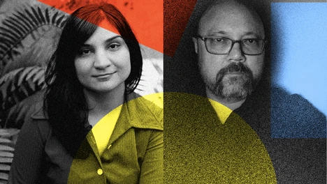 Photo collage of Sarah Davachi and Robert Takahashi Novak headshots with red, blue, and yellow shapes overlaid