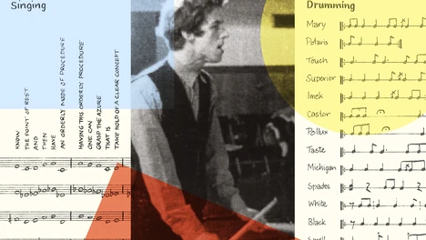 A collage that features a black and white photo of Cornelius Cardew with his written musical scores and different colored graphic shapes around him