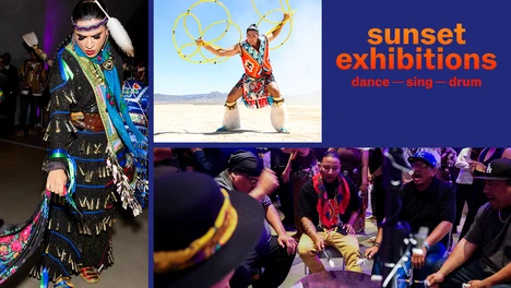 collage of jingle dress dancer, hoop dancer, drummers