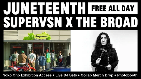 A crowd gathered outside the Supervsn storefront next to a black-and-white portrait of Yoko Ono holding a glass hammer.