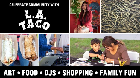 A collage of the event's elements, such as a DJ, grafitti art, family workshops, and food vendors.