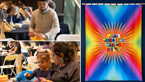 Collage of three photos: two photos have children and families participating in family weekend workshops; one photo is an artwork shot of a multi-colored flag that says "Pray Rejoice Dance Sing" by Jeffrey Gibson