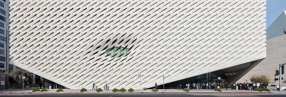 Image of a photograph by photographer Mike Kelley of the exterior of The Broad museum on Grand Avenue in downtown Los Angeles