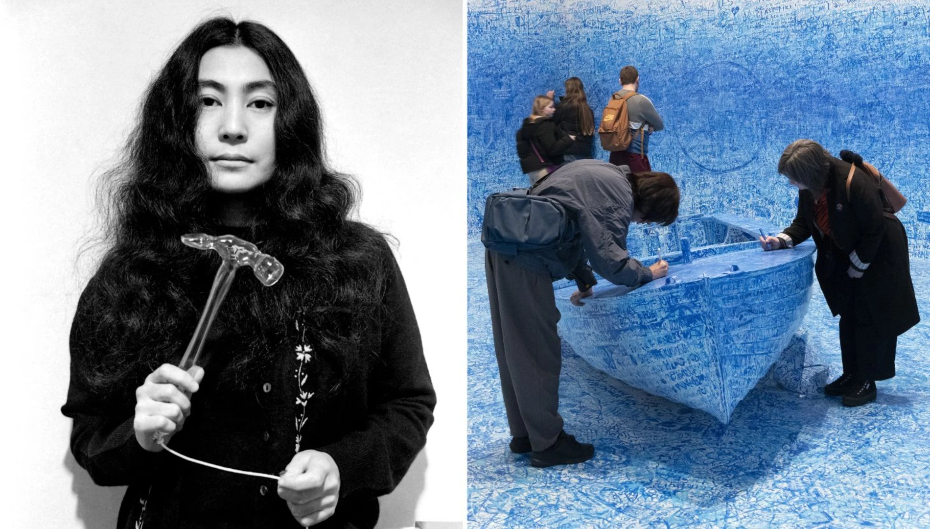 yoko ono holding a glass hammer and visitors drawing as part of an artwork inside yoko ono: music of the mind
