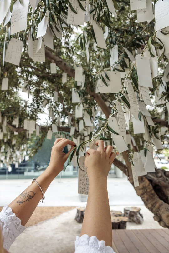 Hands placing a wish onto Yoko Ono's Wish Trees for Los Angeles at The Broad