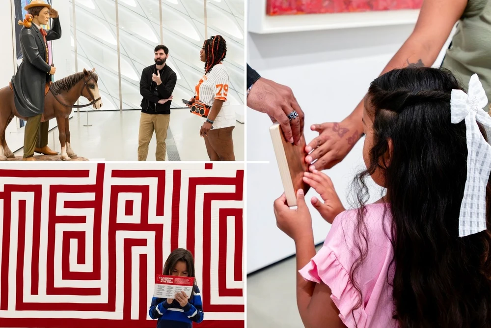 Collage of moments at Sensory Morning at The Broad: a child engaging with a sensory touch object, a child doing the scavenger hunt, an adult visitor speaking with a visitor team experience member