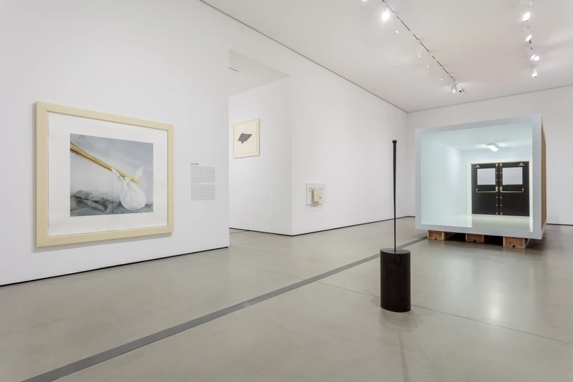 Installation image inside Robert Therrien: This is a Story, featuring the panic room sculpture and other artwork