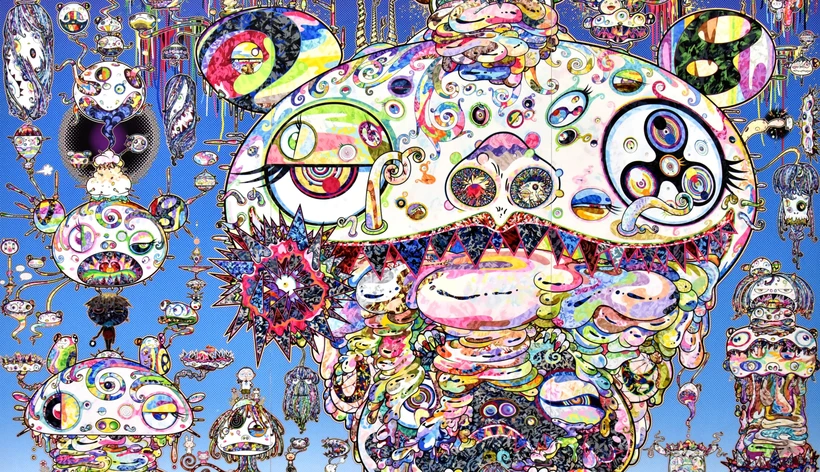 Colorful Takashi Murakami artwork of a large cartoon monster face with swirling cyclone eyes and a toothy grin, surrounded by smaller eyeball creatures on a blue background.