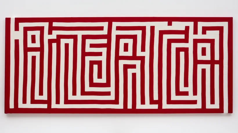 Bold red lines appear as a maze that forms the word "America"