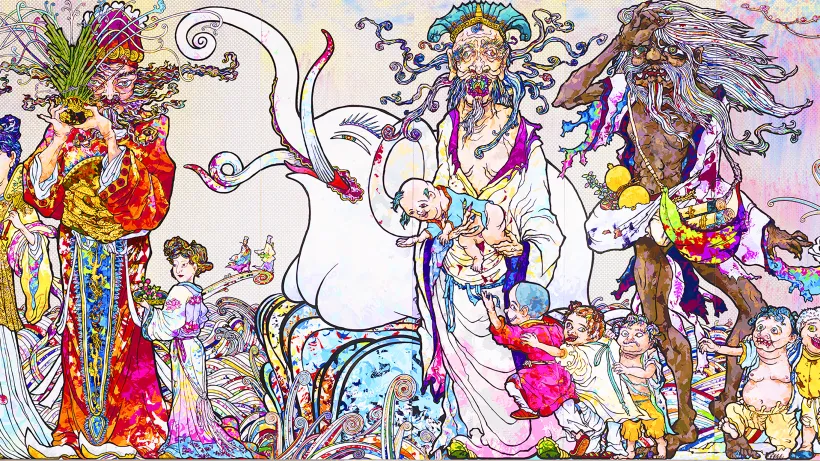 Colorful figures make up a detail of Takashi Murakami, In the Land of the Dead, Stepping on the Tail of a Rainbow