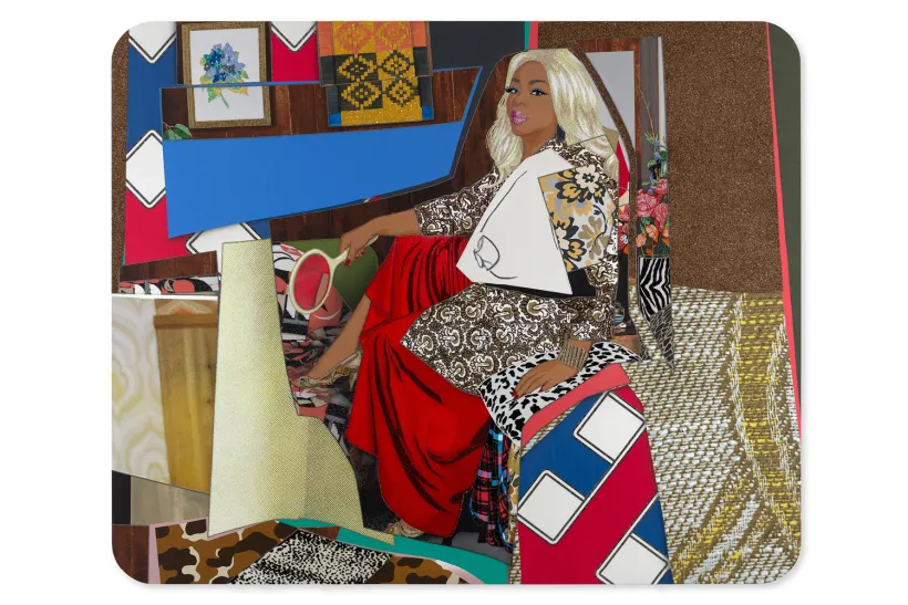 Mickalene Thomas, Din avec la main dans le miroir et jupe rouge, 2023. Rhinestones, acrylic and glitter on canvas mounted on wood panel.© Mickalene Thomas. 