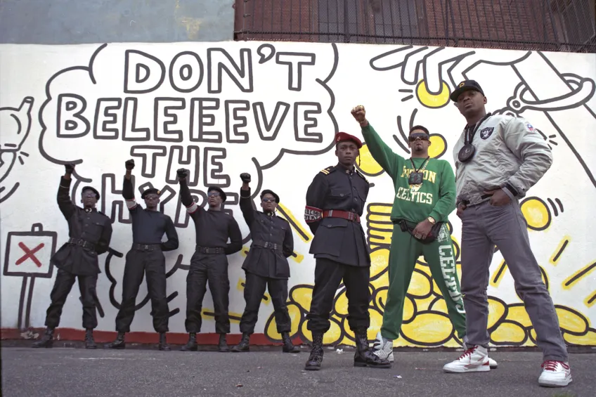 Public Enemy—Chuck D, Flavor Flav, Terminator X, and members of the hip hop group Public Enemy, 1988. Photo by Jack Mitchell/Getty Images