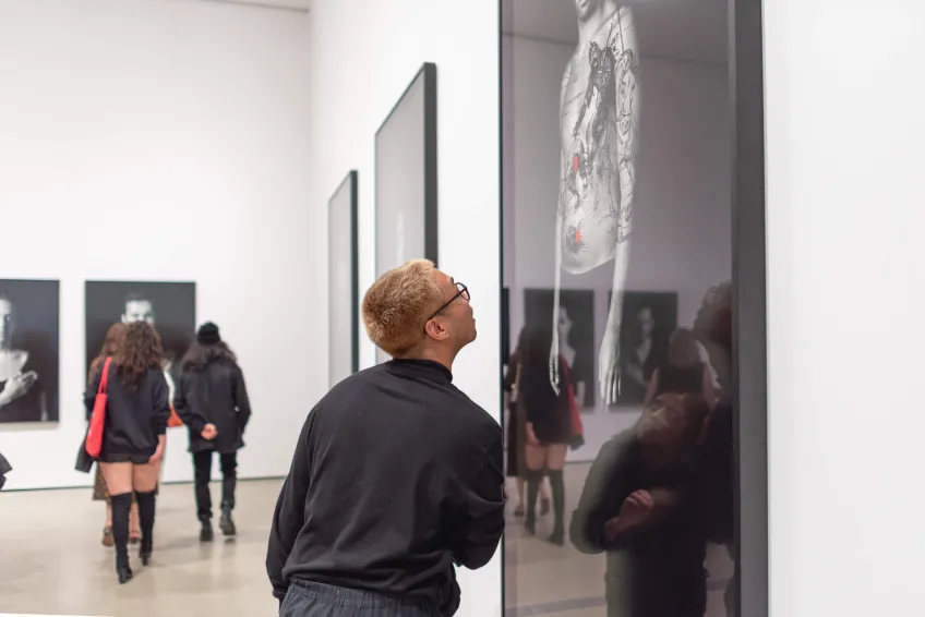 Photo of visitor looking at Shirin Neshat's work.