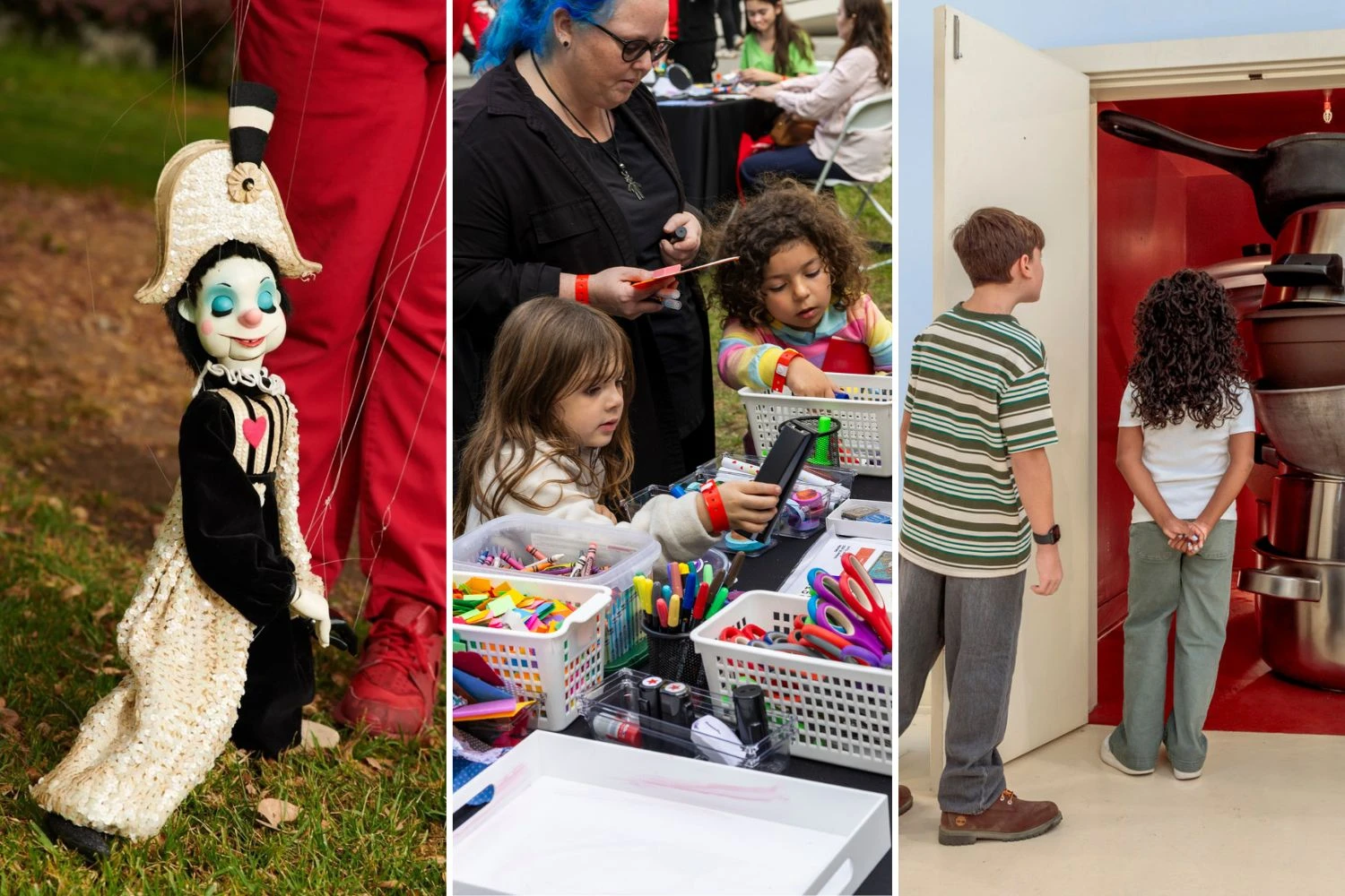 Three photo collage: One image is a Bob Baker Marionette puppet, the second image is a woman and two young children picking out their art supplies at a Family Weekend Workshop, the third is two young people looking at Robert Therrien's pots and pans sculpture